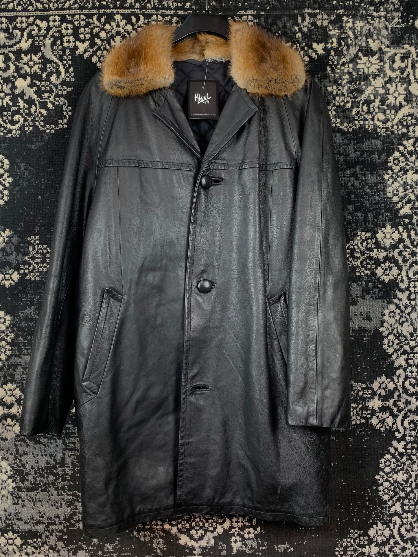 Men's Vintage Black Leather Coat with Brown Fur Collar