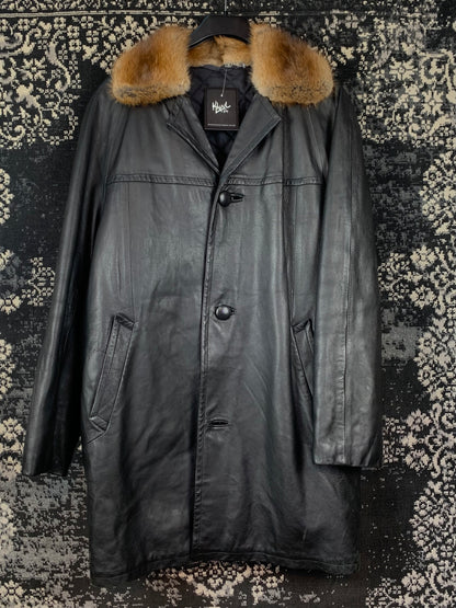 Men's Vintage Black Leather Coat with Brown Fur Collar