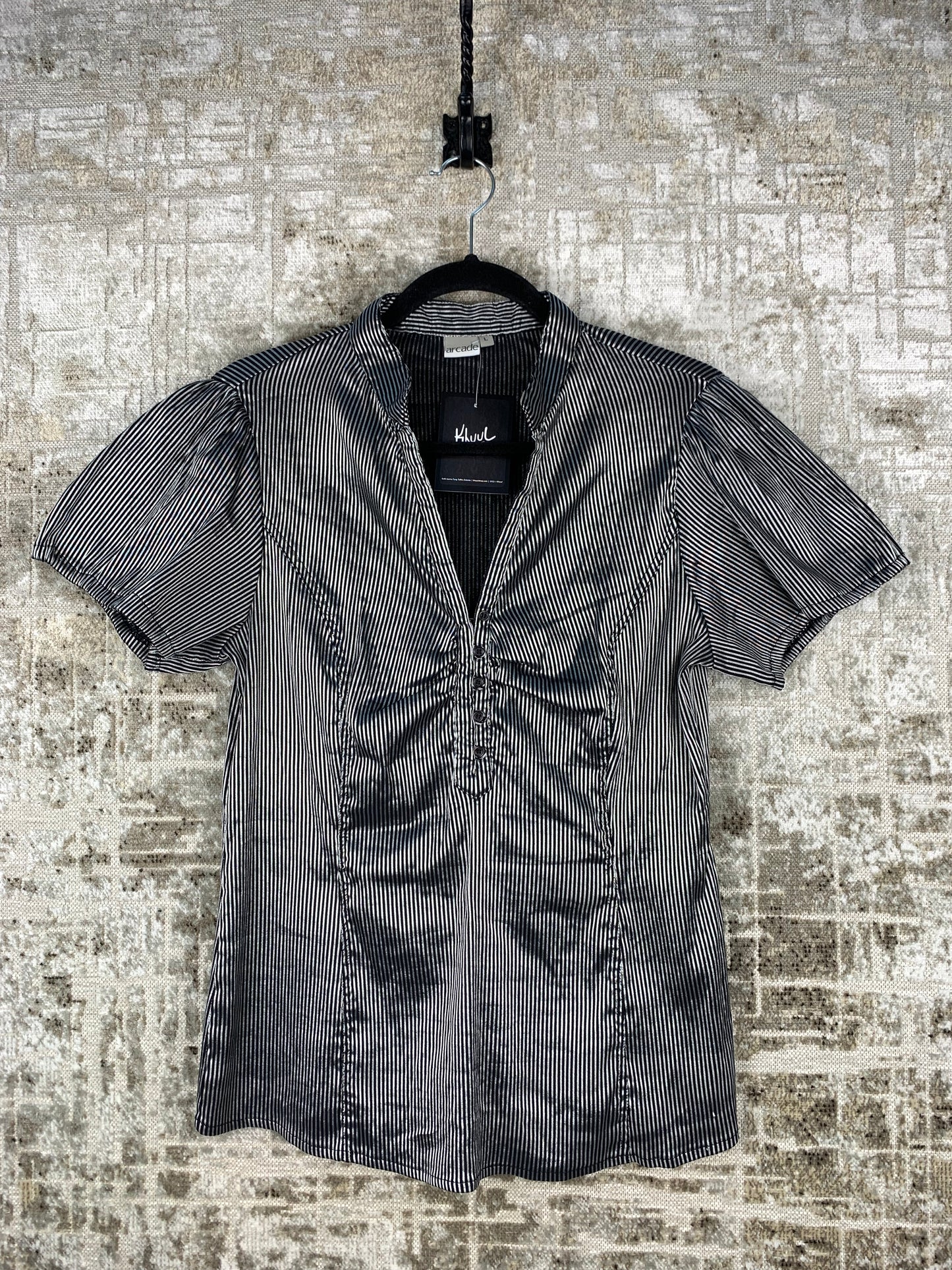 Womens Vintage Arcade Striped Silver Button Up Top