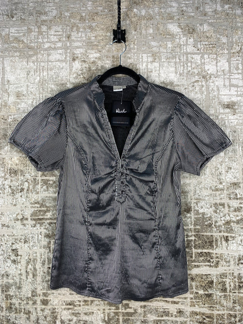 Womens Vintage Arcade Striped Silver Button Up Top