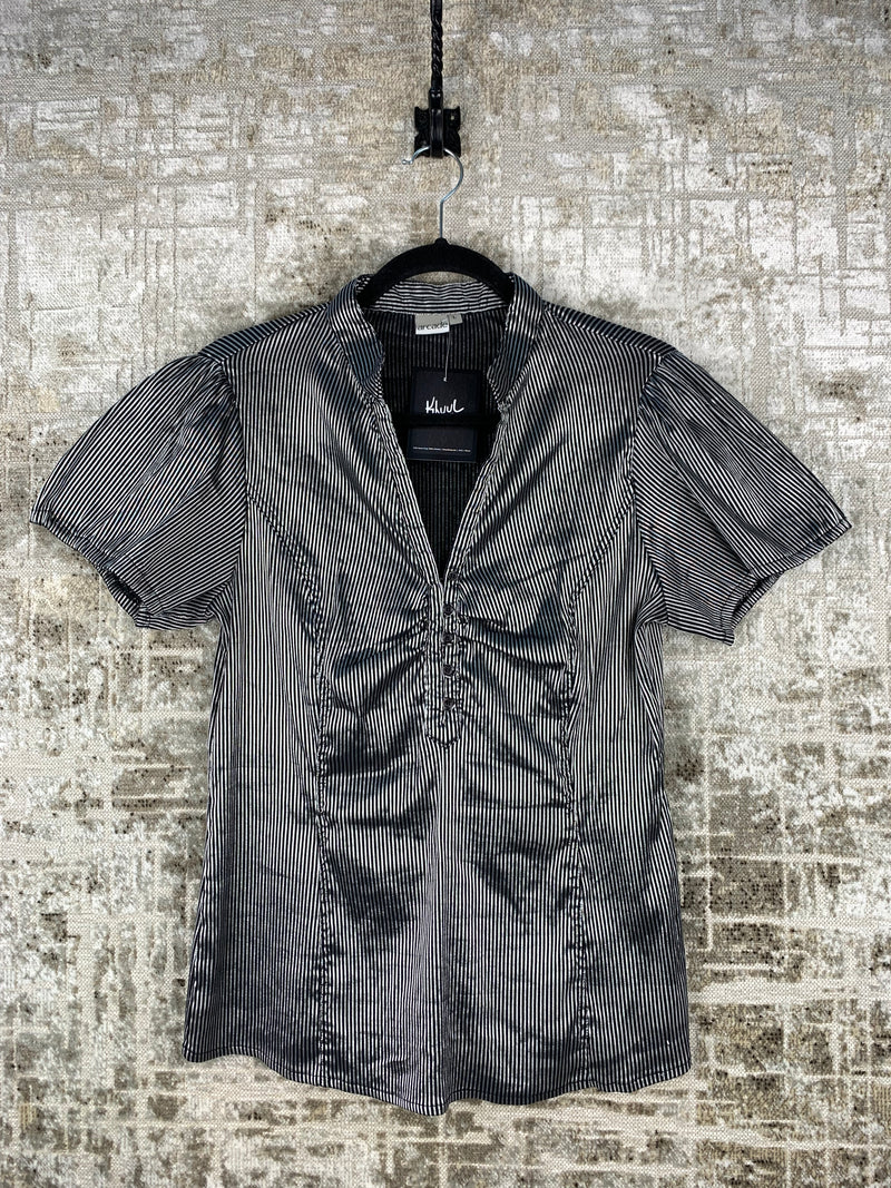 Womens Vintage Arcade Striped Silver Button Up Top