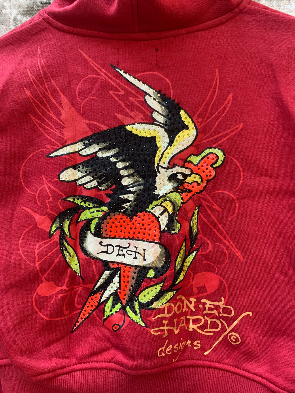 Womens Ed Hardy Red Rhinestone Cropped Zip Hoodie