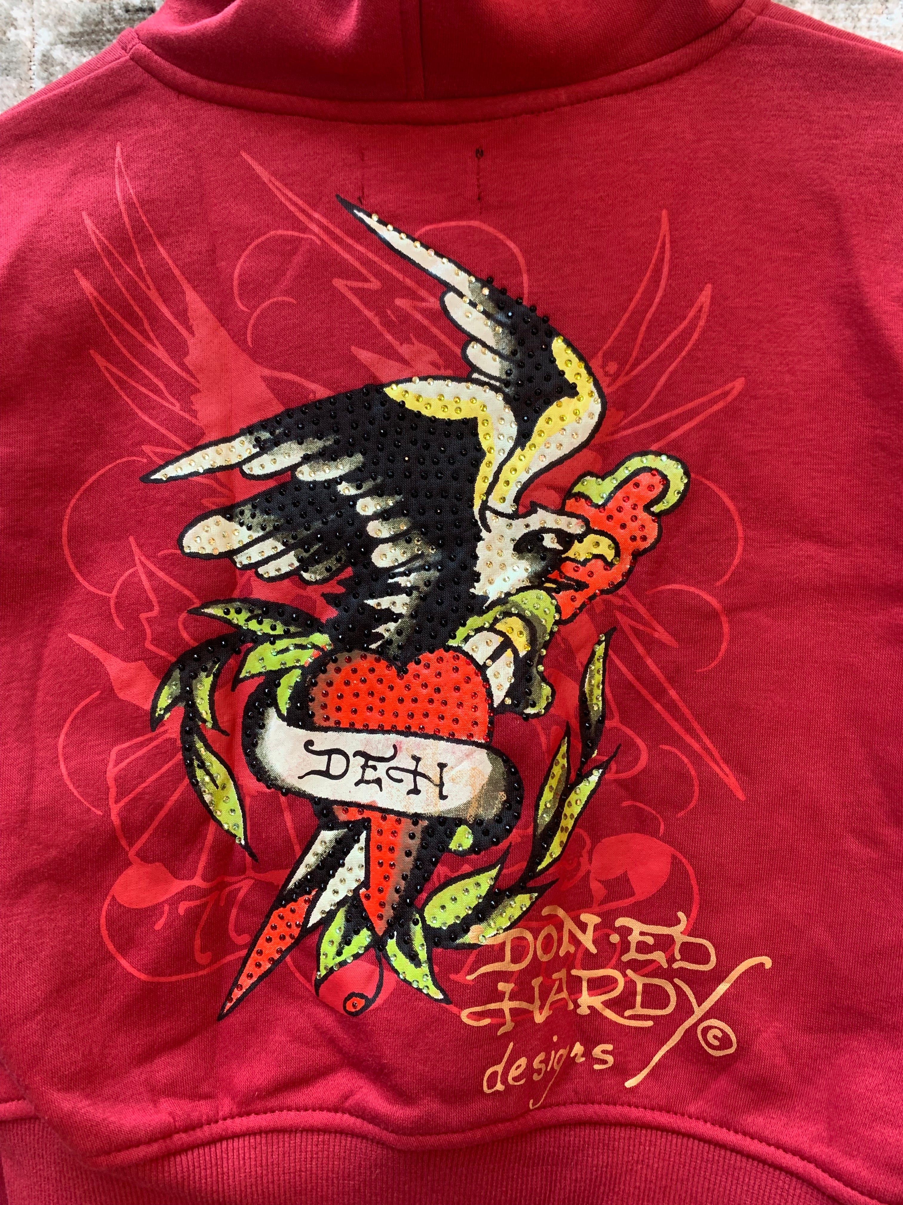 Womens Ed Hardy Red Rhinestone Cropped Zip Hoodie