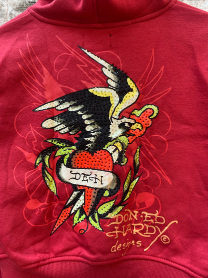Womens Ed Hardy Red Rhinestone Cropped Zip Hoodie