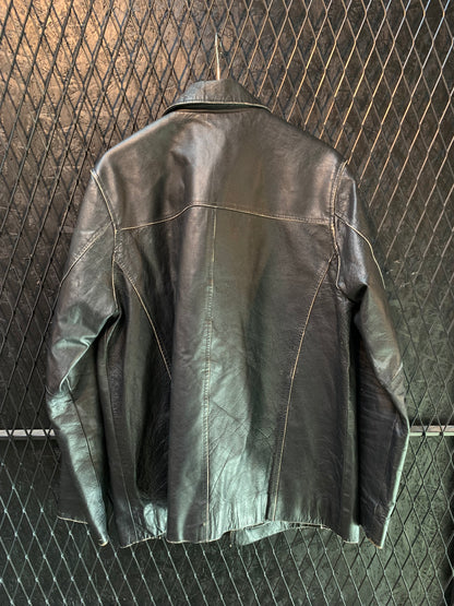 Black Vintage Leather Jacket With Button Closure