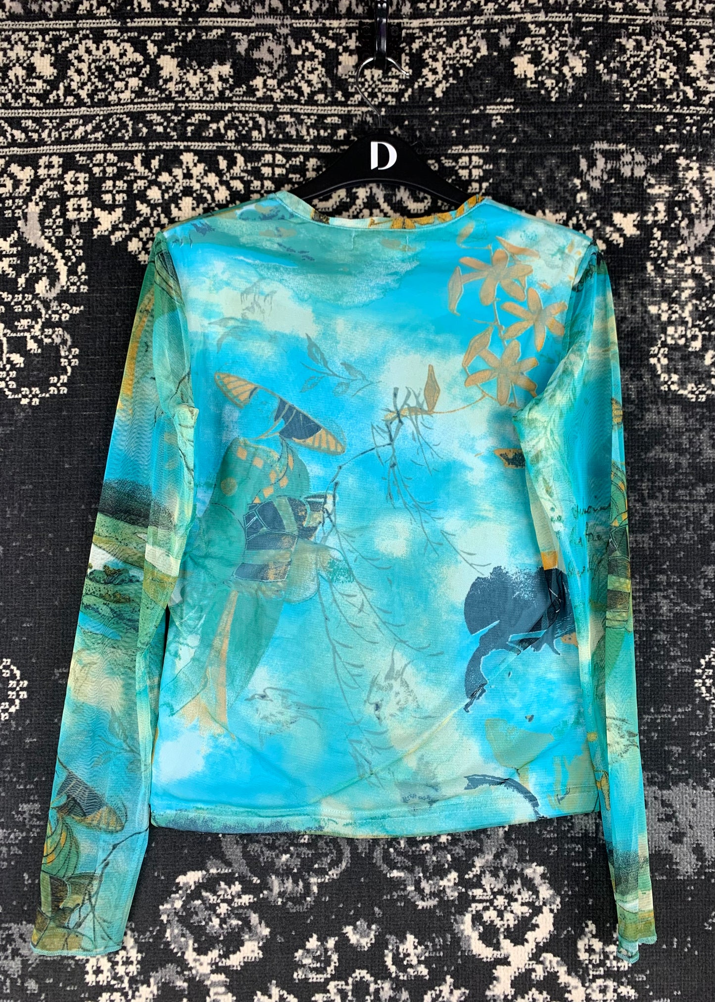 Womens Y2K Mesh Turquoise Long Sleeve Top