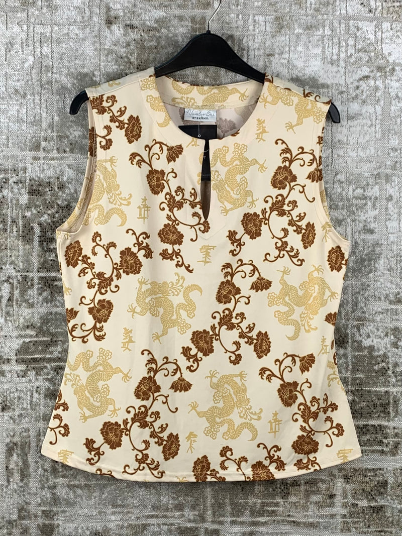 Womens Y2K Beige Floral Dragon Print Sleeveless Top