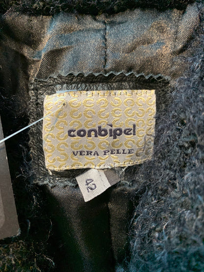 Conbipel Long Black Genuine Leather Coat with Shearling Collar and Belt