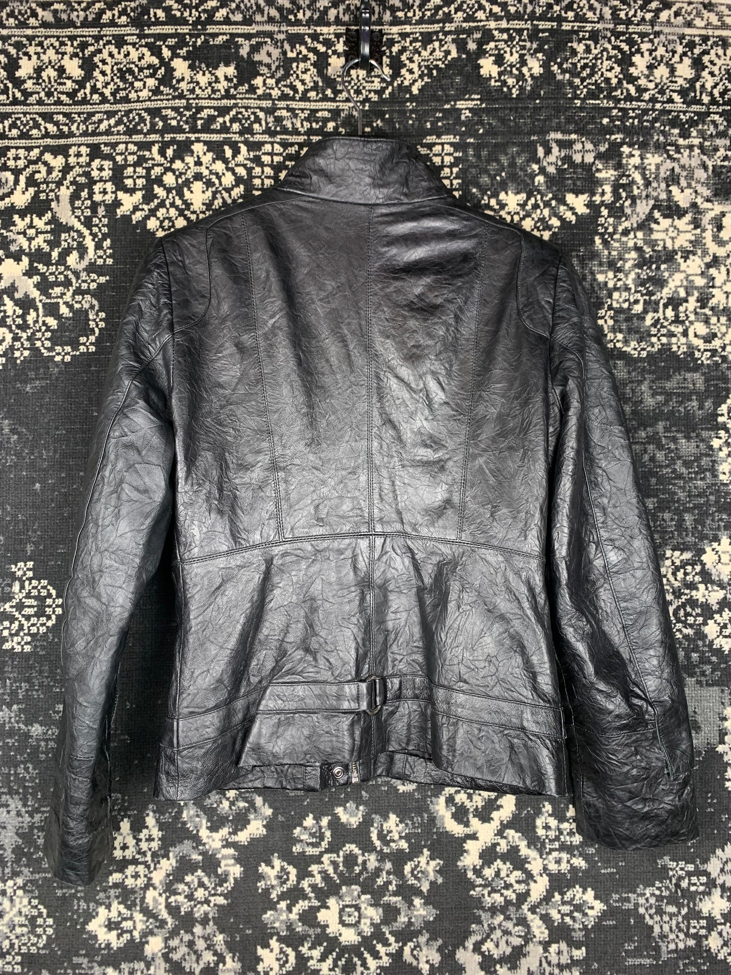 Women's Y2K Black Faux Leather Belted Biker Jacket