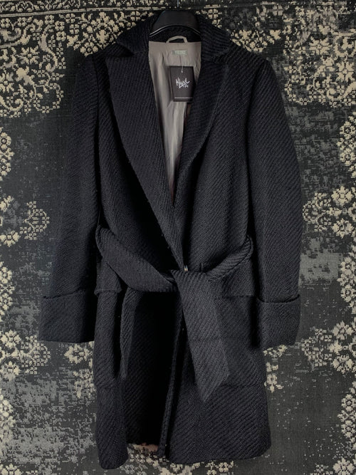 Women's Vintage Black Wool Coat with Textured Fabric