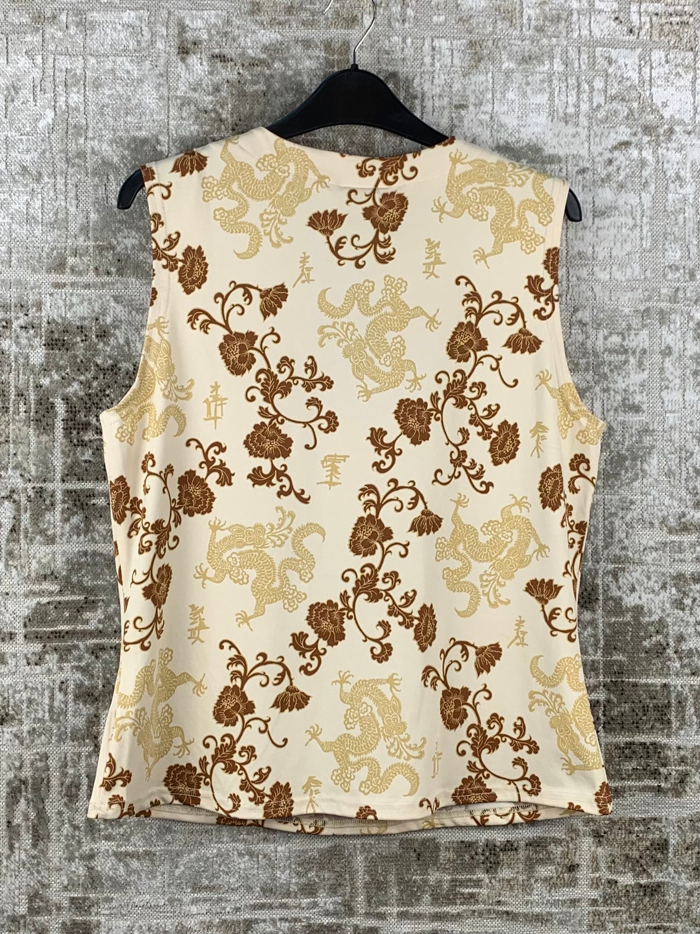 Womens Y2K Beige Floral Dragon Print Sleeveless Top