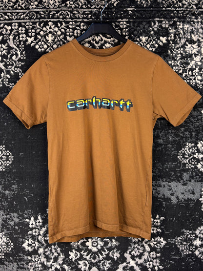 Mens Y2K Brown Carhartt Work In Progress Pixel Logo Graphic T Shirt