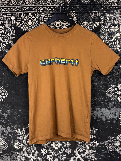 Mens Y2K Brown Carhartt Work In Progress Pixel Logo Graphic T Shirt