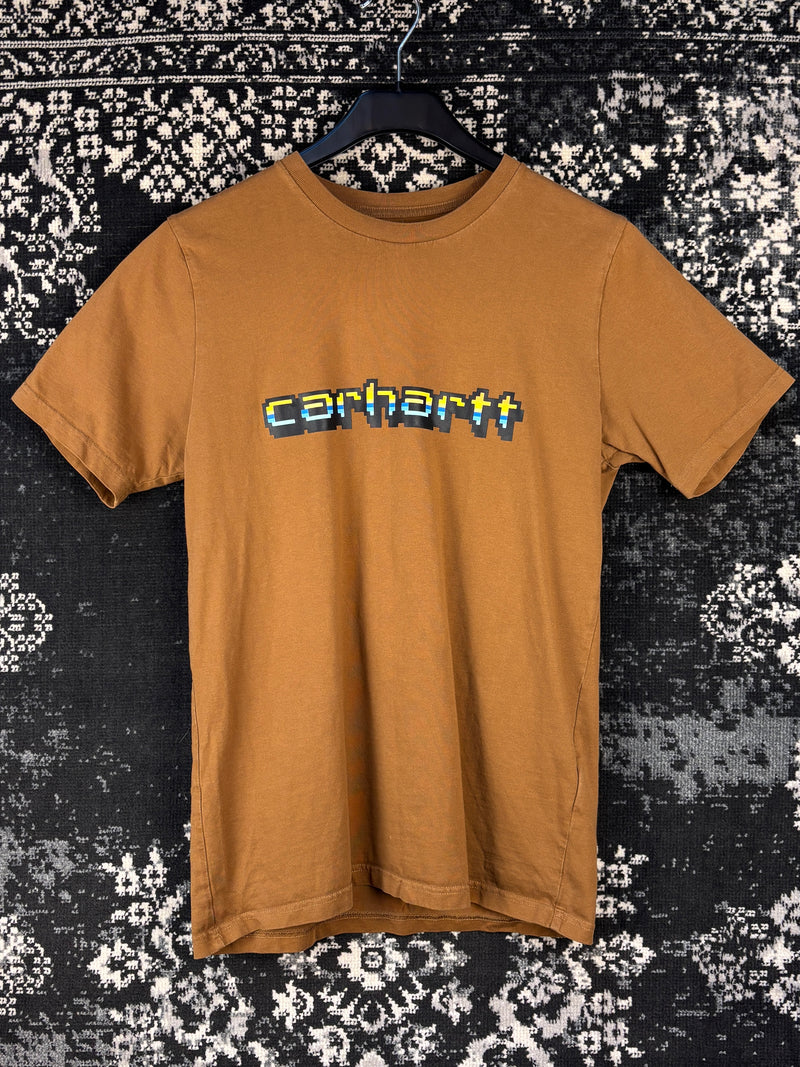 Mens Y2K Brown Carhartt Work In Progress Pixel Logo Graphic T Shirt