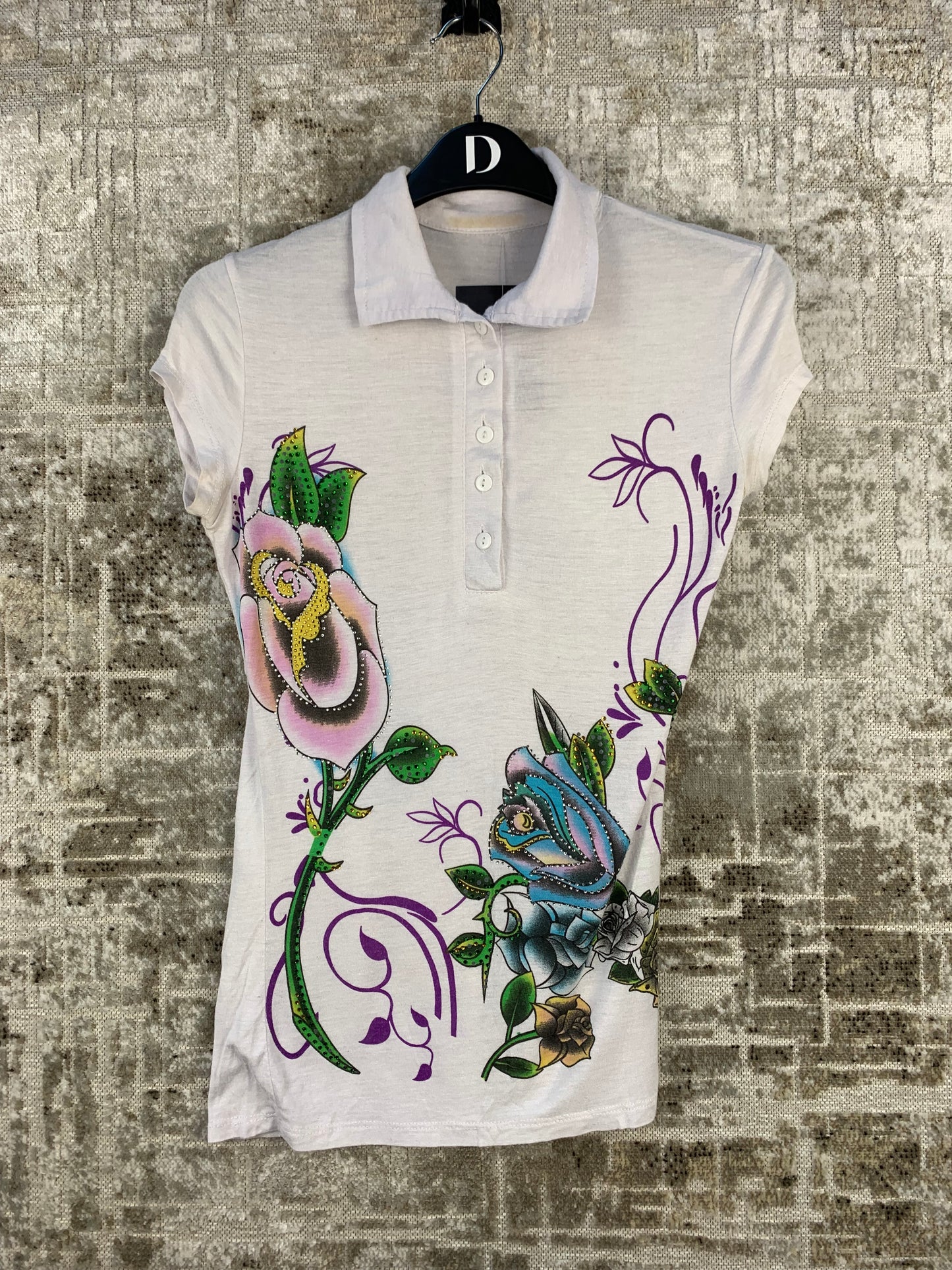 Womens Y2K Graphic Rhinestone White Button Up Top