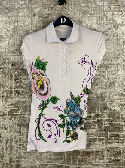 Womens Y2K Graphic Rhinestone White Button Up Top