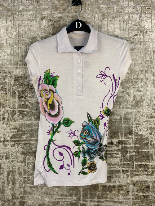 Womens Y2K Graphic Rhinestone White Button Up Top