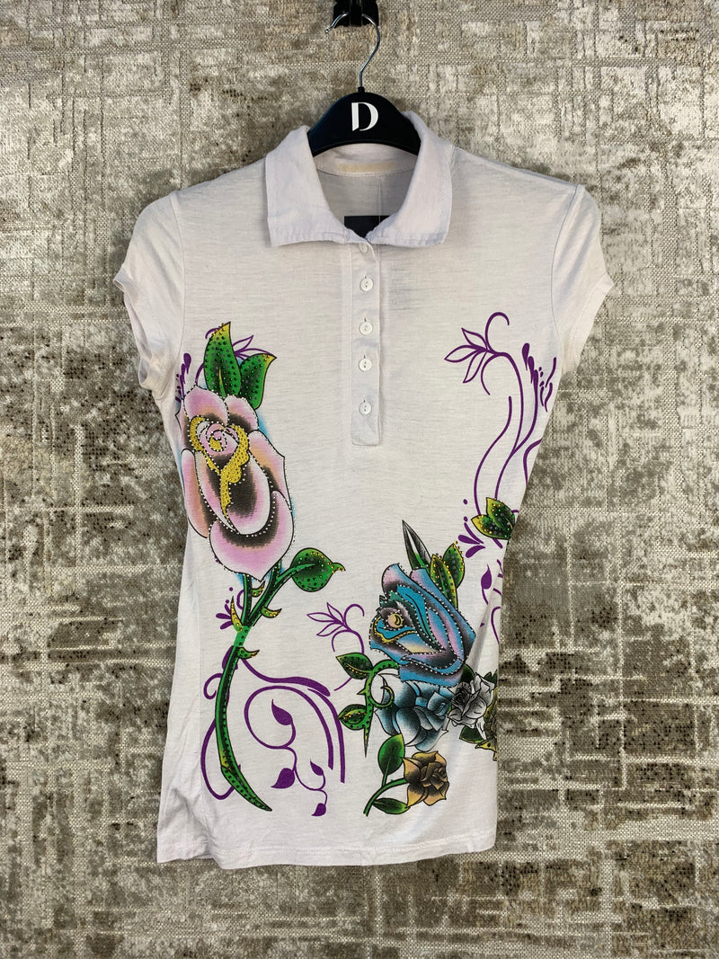 Womens Y2K Graphic Rhinestone White Button Up Top