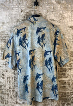 Mens Y2K Fish Print Blue Beige Button Up Shirt