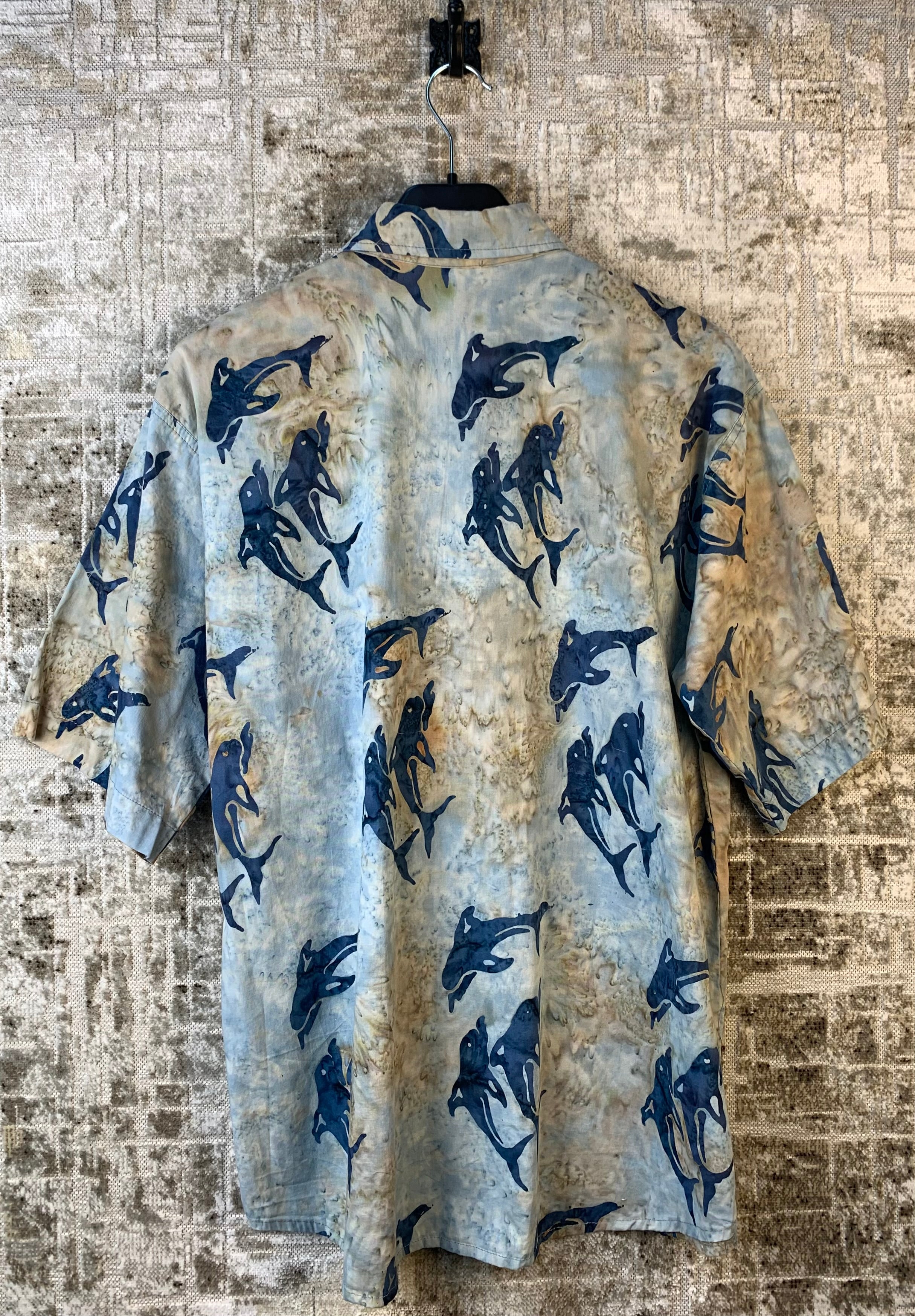 Mens Y2K Fish Print Blue Beige Button Up Shirt