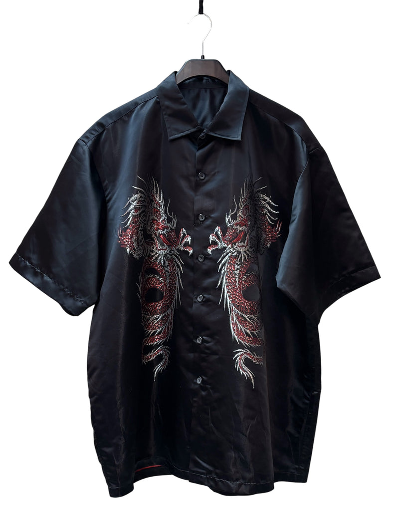 Mens Dragon Silk Button Up Black Shirt