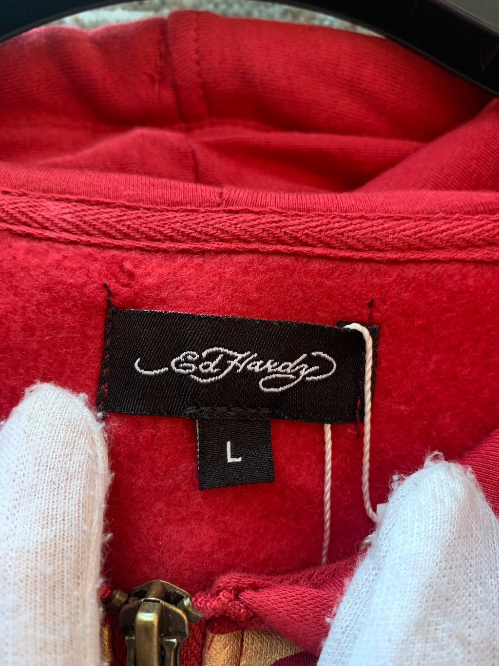 Womens Ed Hardy Red Rhinestone Cropped Zip Hoodie