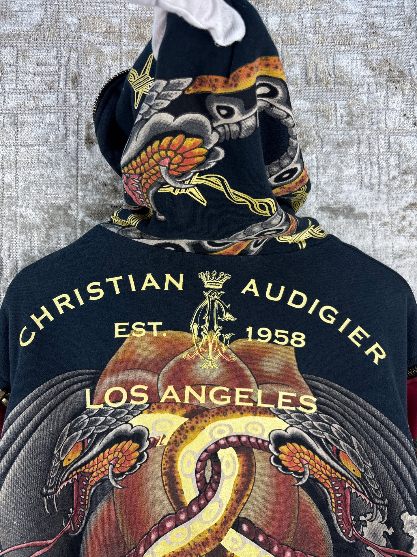 Men's Y2K Christian Audigier Black Red Zip Up Hoodie
