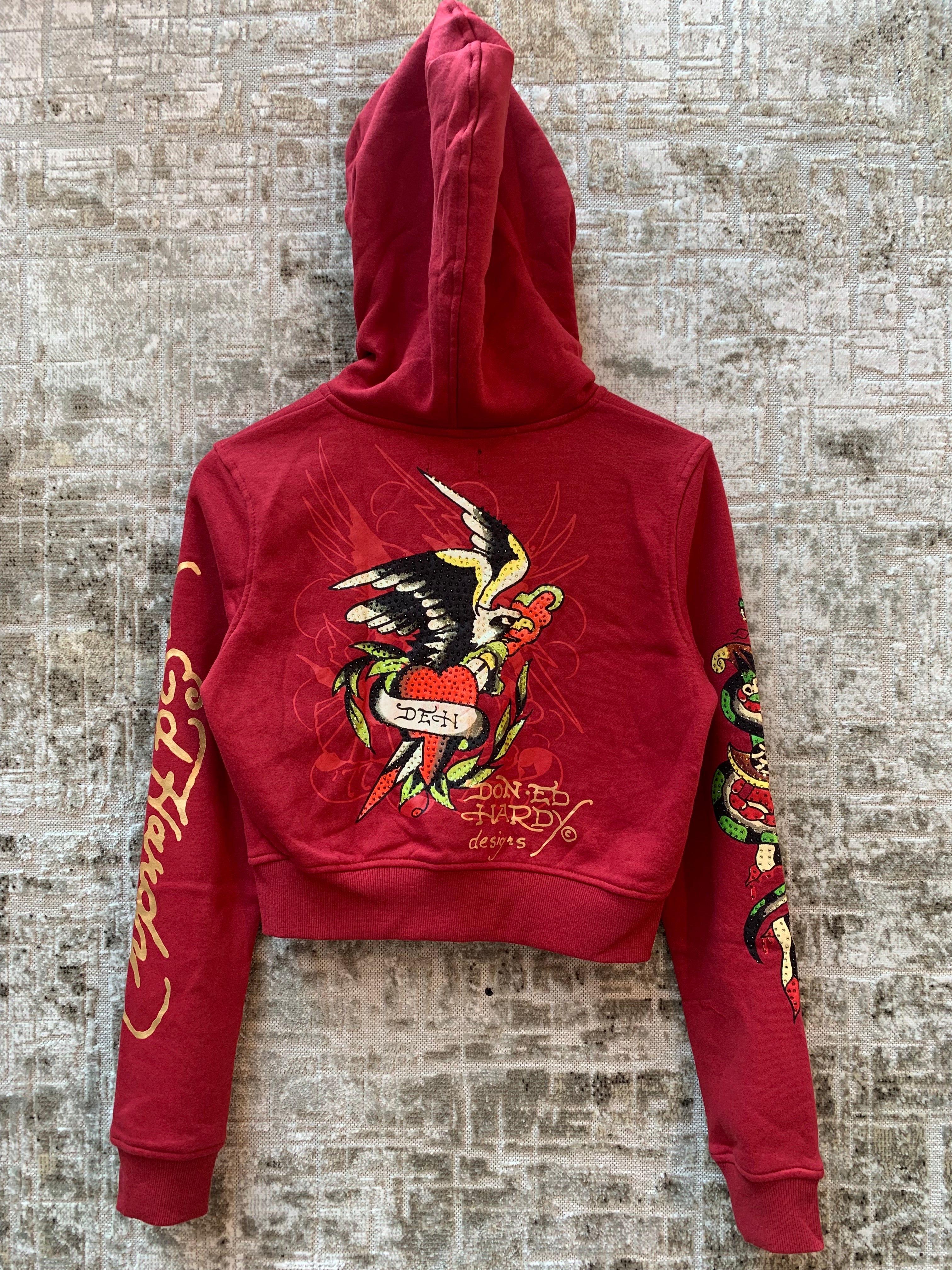 Womens Ed Hardy Red Rhinestone Cropped Zip Hoodie