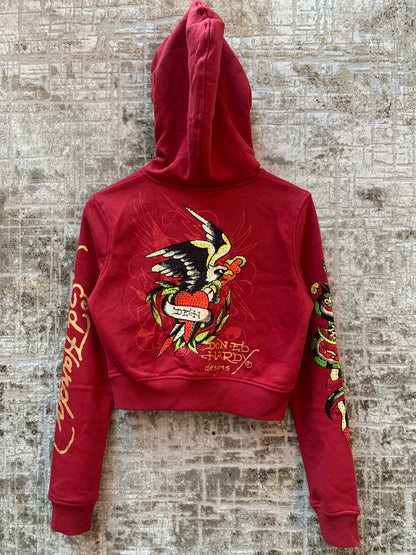 Womens Ed Hardy Red Rhinestone Cropped Zip Hoodie