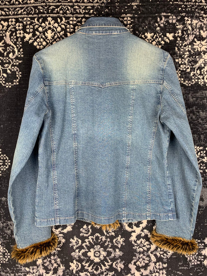 Women's Y2K Style Denim Button-Up with Faux Fur Trim