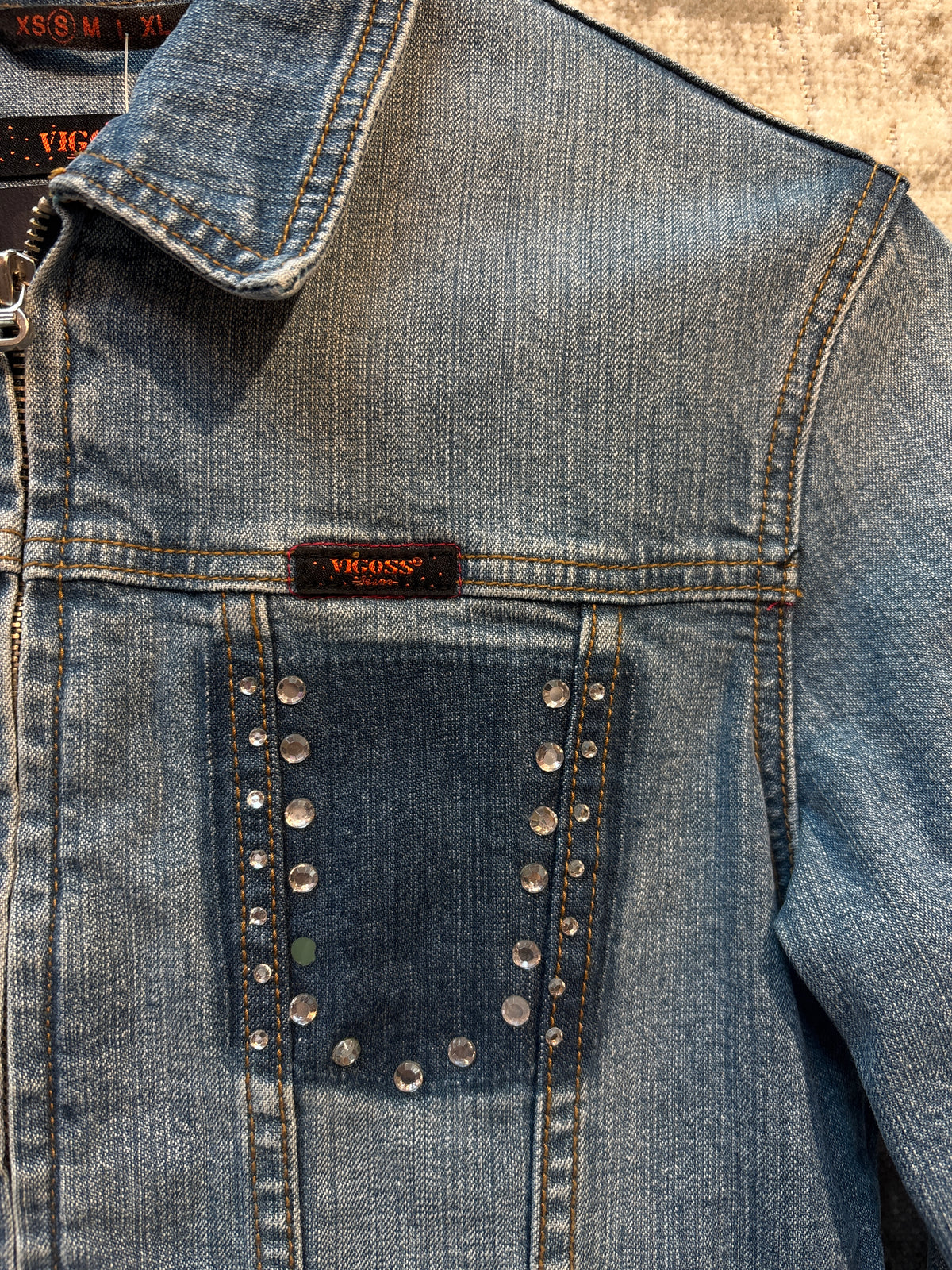 Vigoss Y2K Rhinestone Zip Denim Jacket