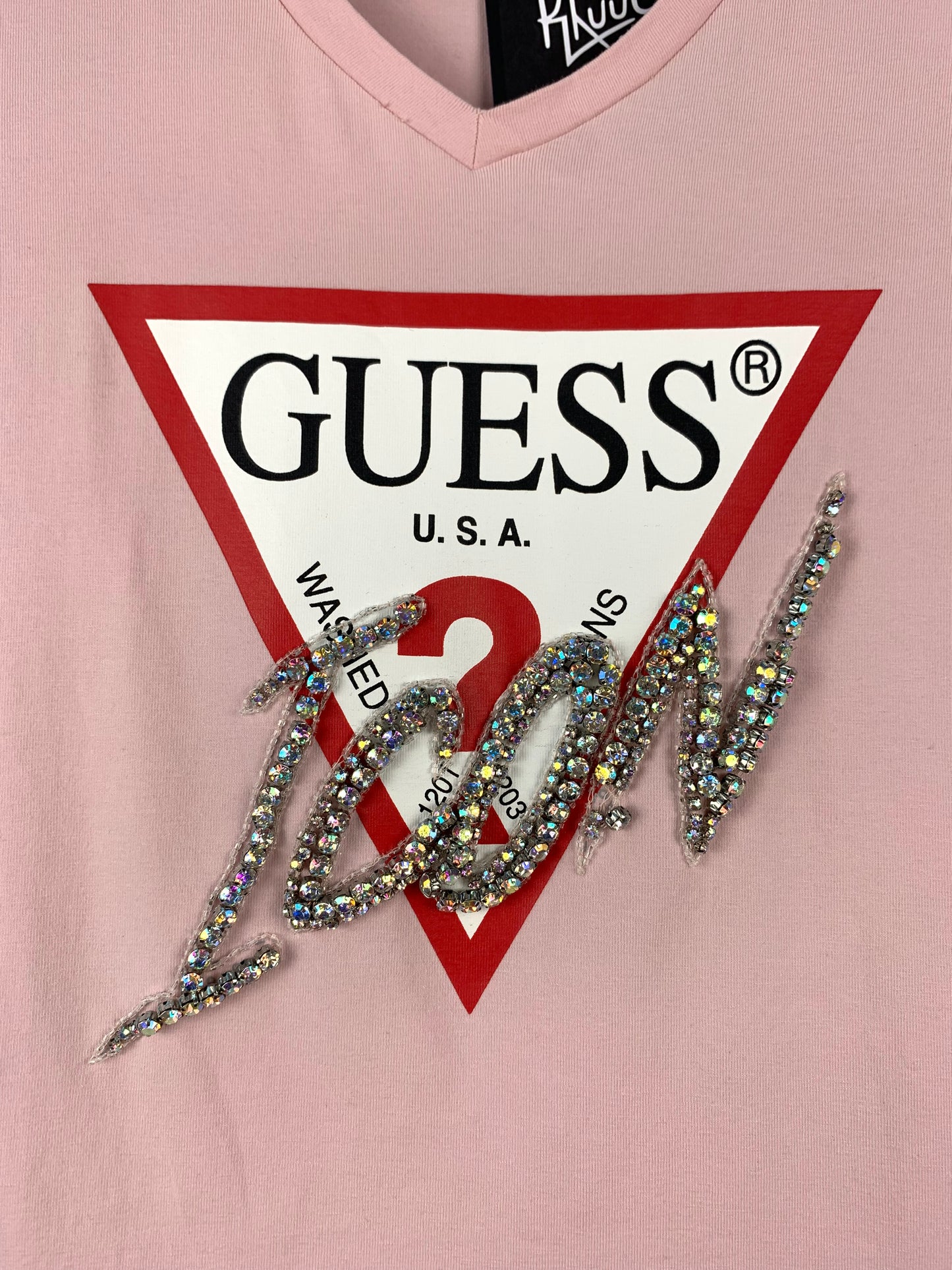 Womens Y2K Guess Icon Pink Rhinestone T Shirt