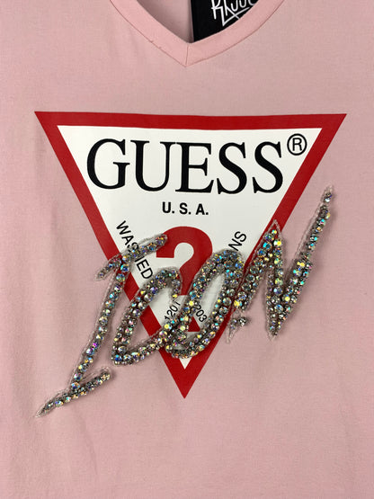 Womens Y2K Guess Icon Pink Rhinestone T Shirt