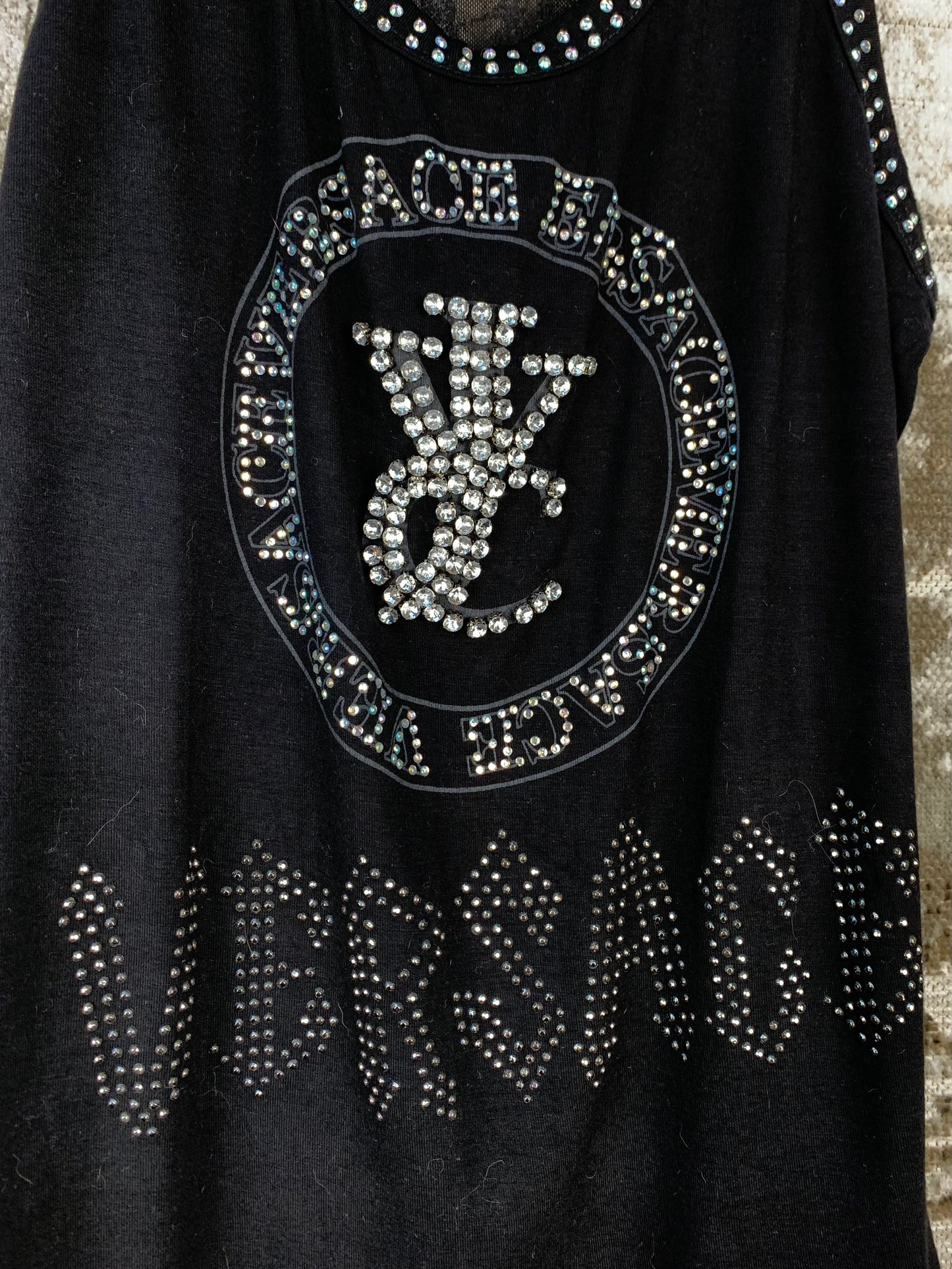 Women's Vintage Versace Black Rhinestoned Tank Top