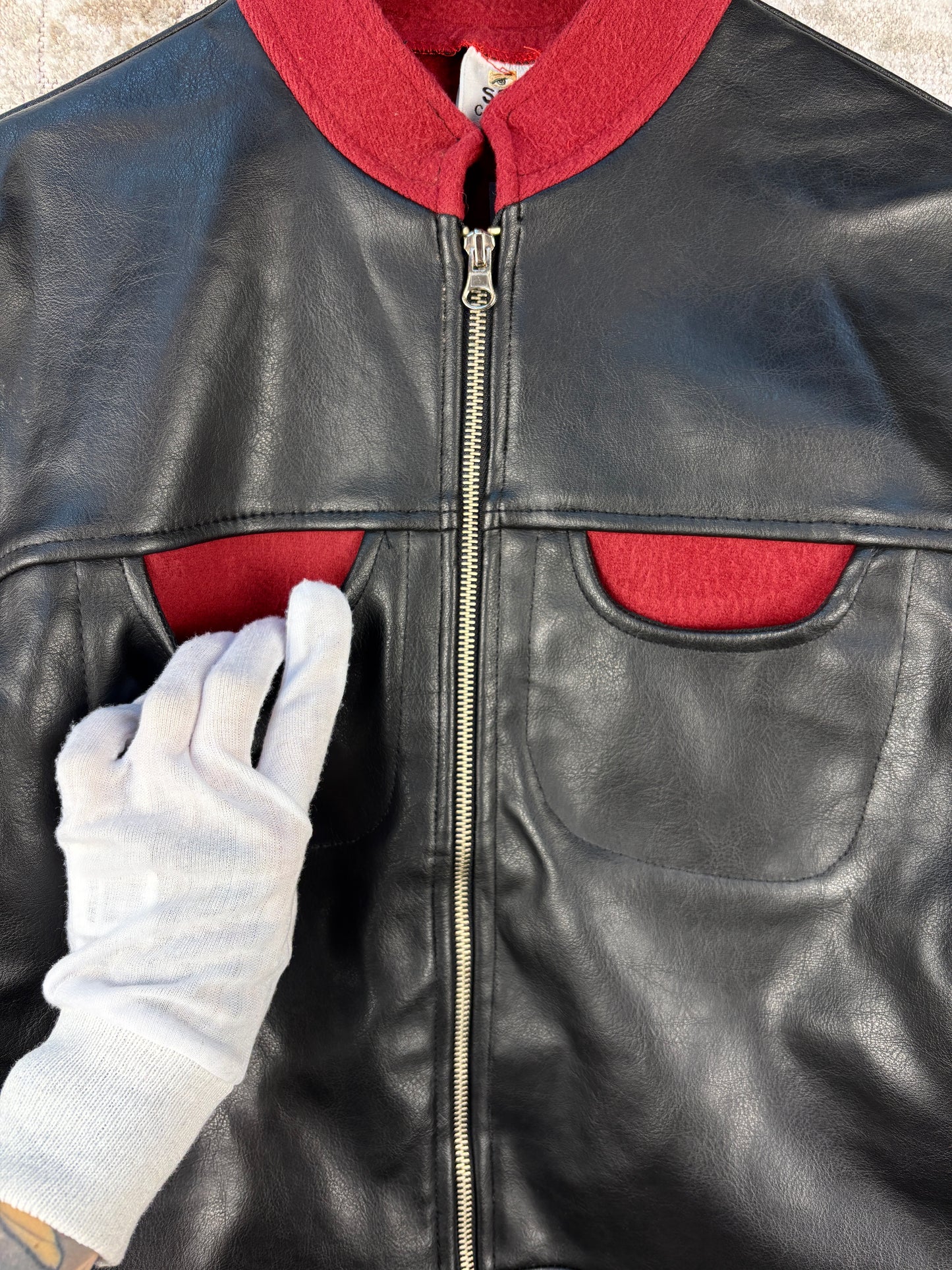 Unisex Vintage Black Leather Jacket Red Collar Detail
