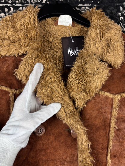 Women's Y2K Caramel Brown Suede Coat with Faux Fur Trim