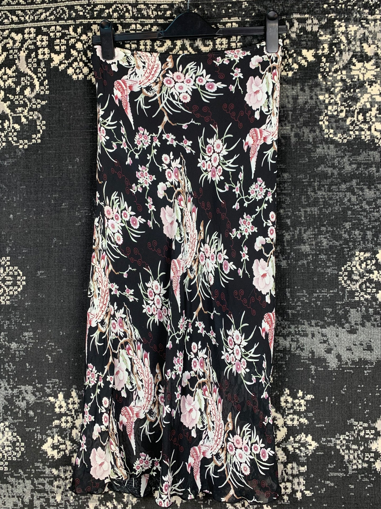 Womens Y2K Black Pink Floral Midi Skirt