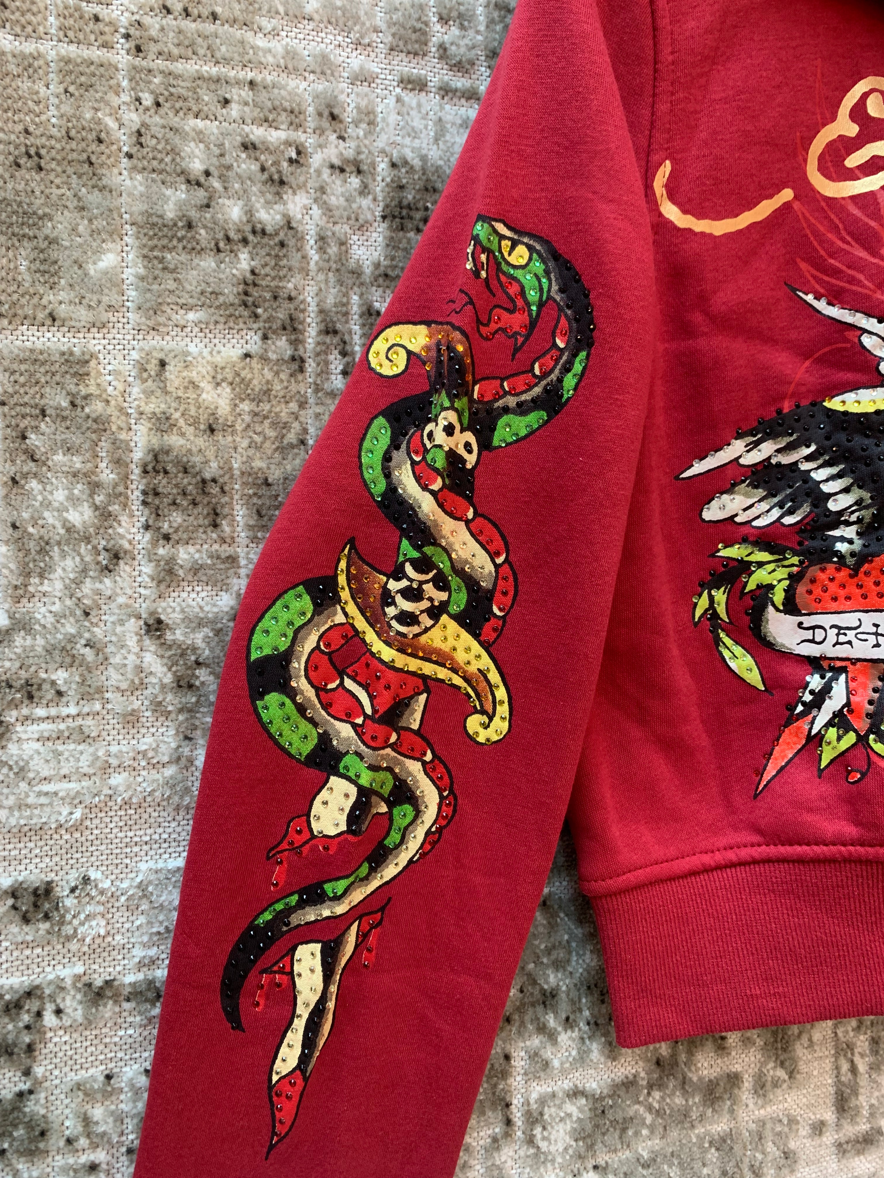 Womens Ed Hardy Red Rhinestone Cropped Zip Hoodie