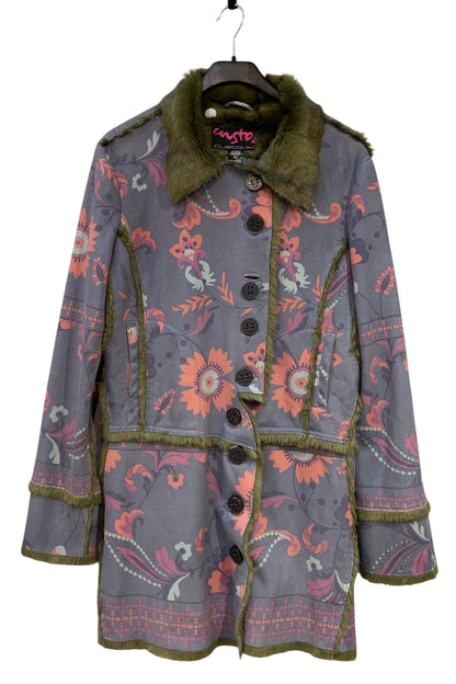 Custo Line Floral Faux Fur Trim Coat
