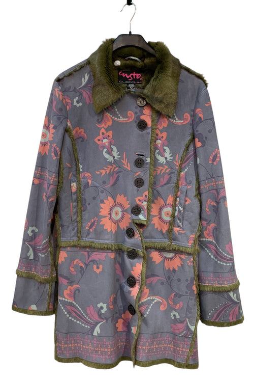 Custo Line Floral Faux Fur Trim Coat