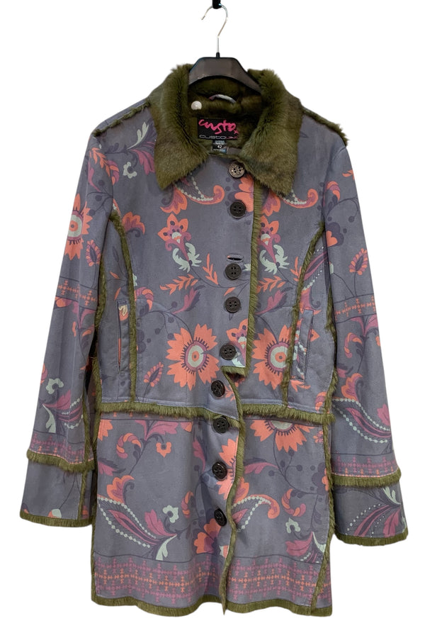 Custo Line Floral Faux Fur Trim Coat