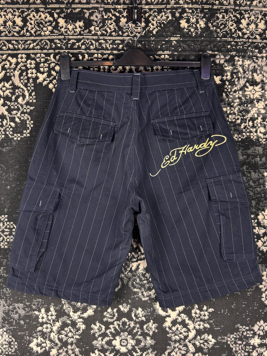 Men's Y2K Black Pinstripe Ed Hardy Cargo Shorts