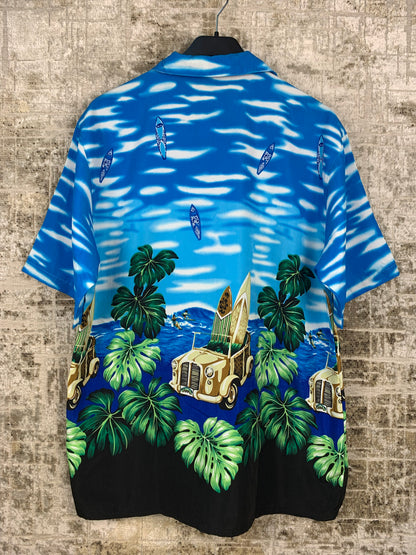 Mens Vintage Blue Hawaiian Aloha Button Up Shirt