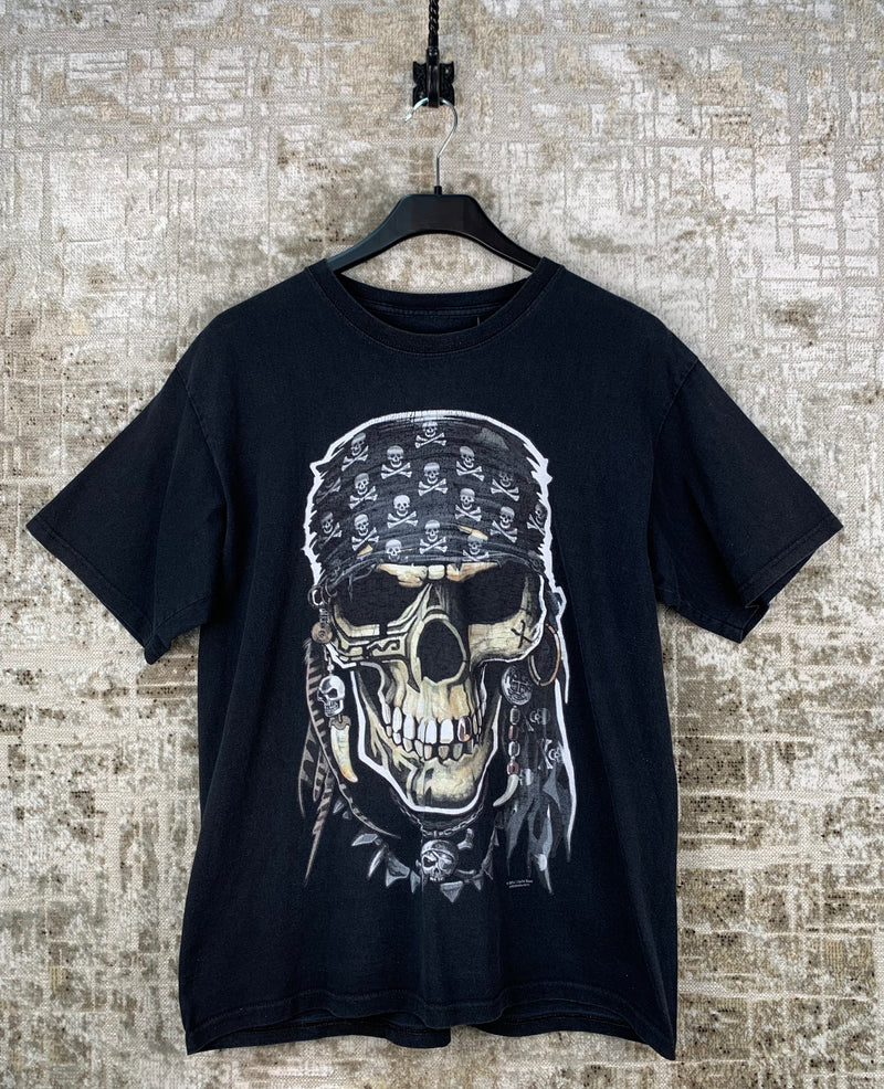 Mens Y2K Pirate Skull Print Black T Shirt