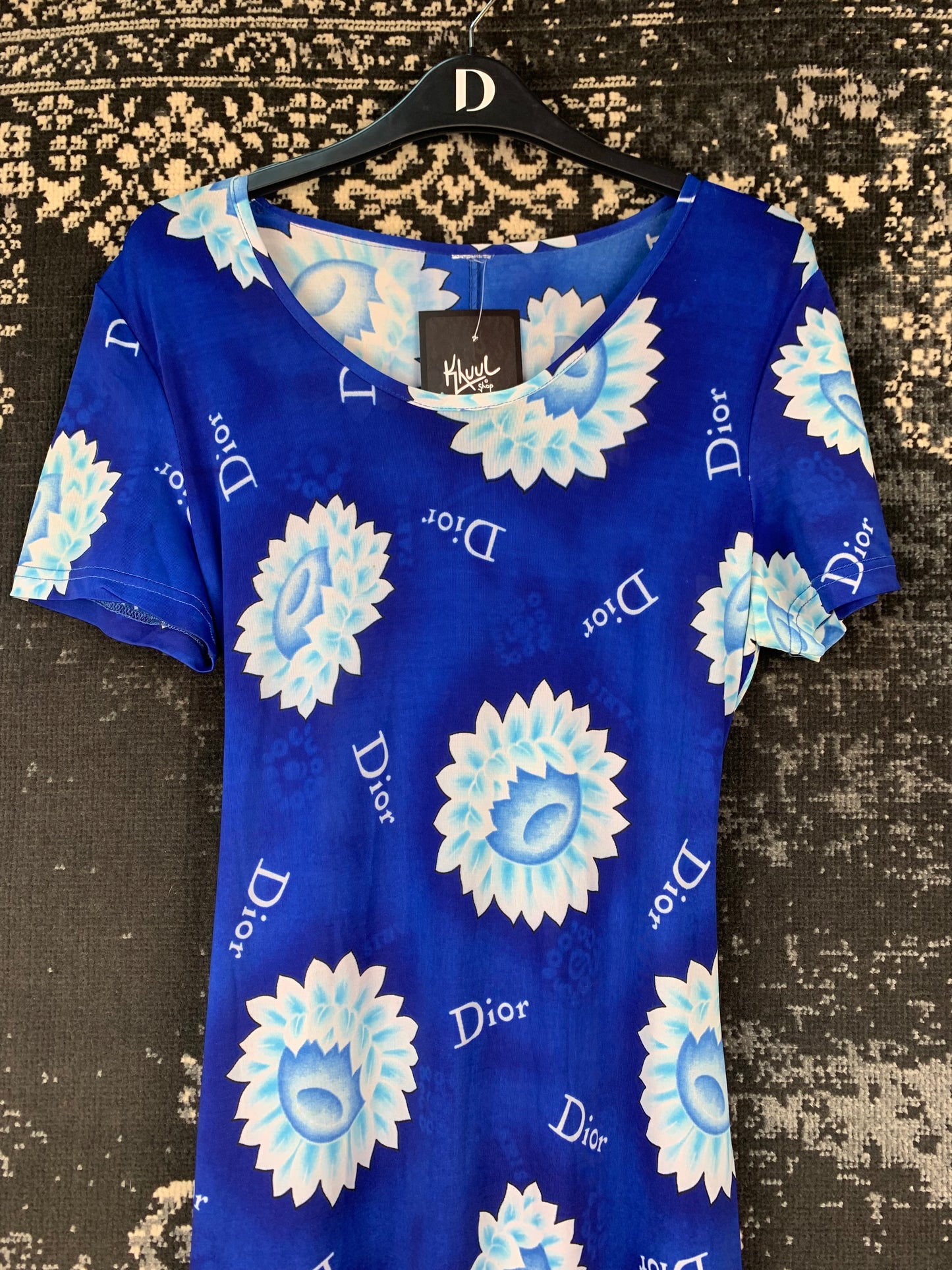 Womens Y2K Royal Blue Floral Logo Maxi Dress