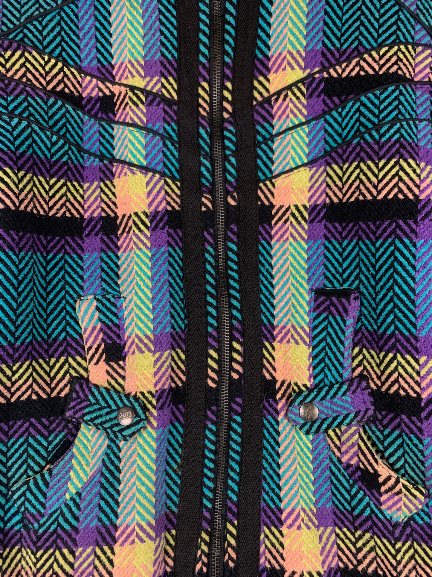 Womens Vintage Purr Multicolored Fur Trim Zip Up Jacket