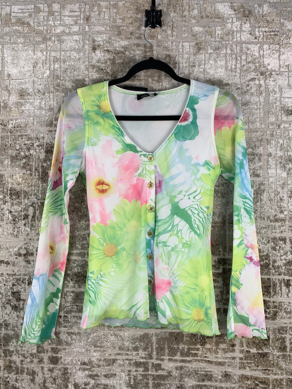 Womens Y2K Floral Mesh Long Sleeve Top