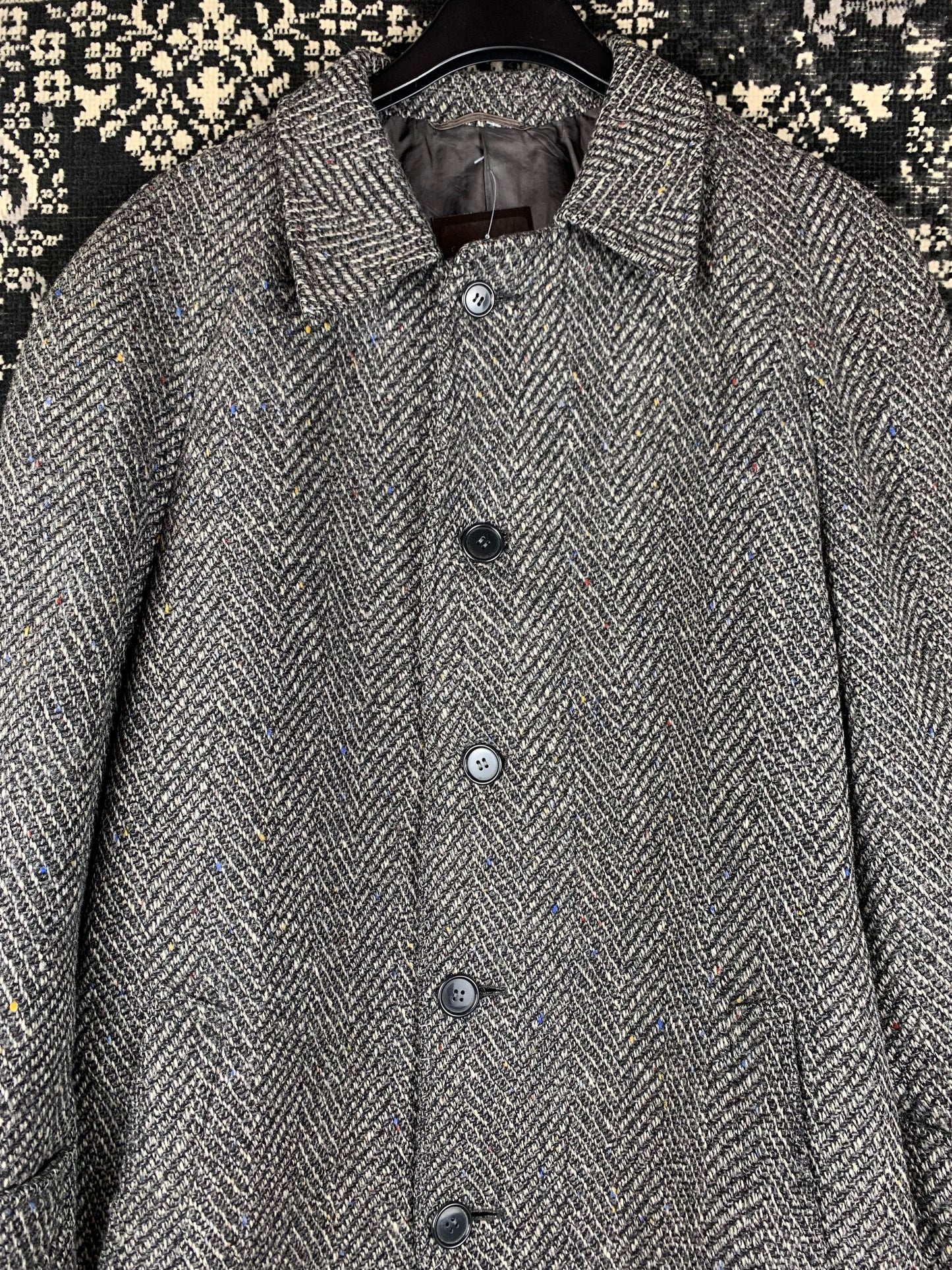 Men's Vintage Gray Wool Herringbone Long Overcoat