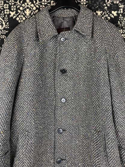 Men's Vintage Gray Wool Herringbone Long Overcoat