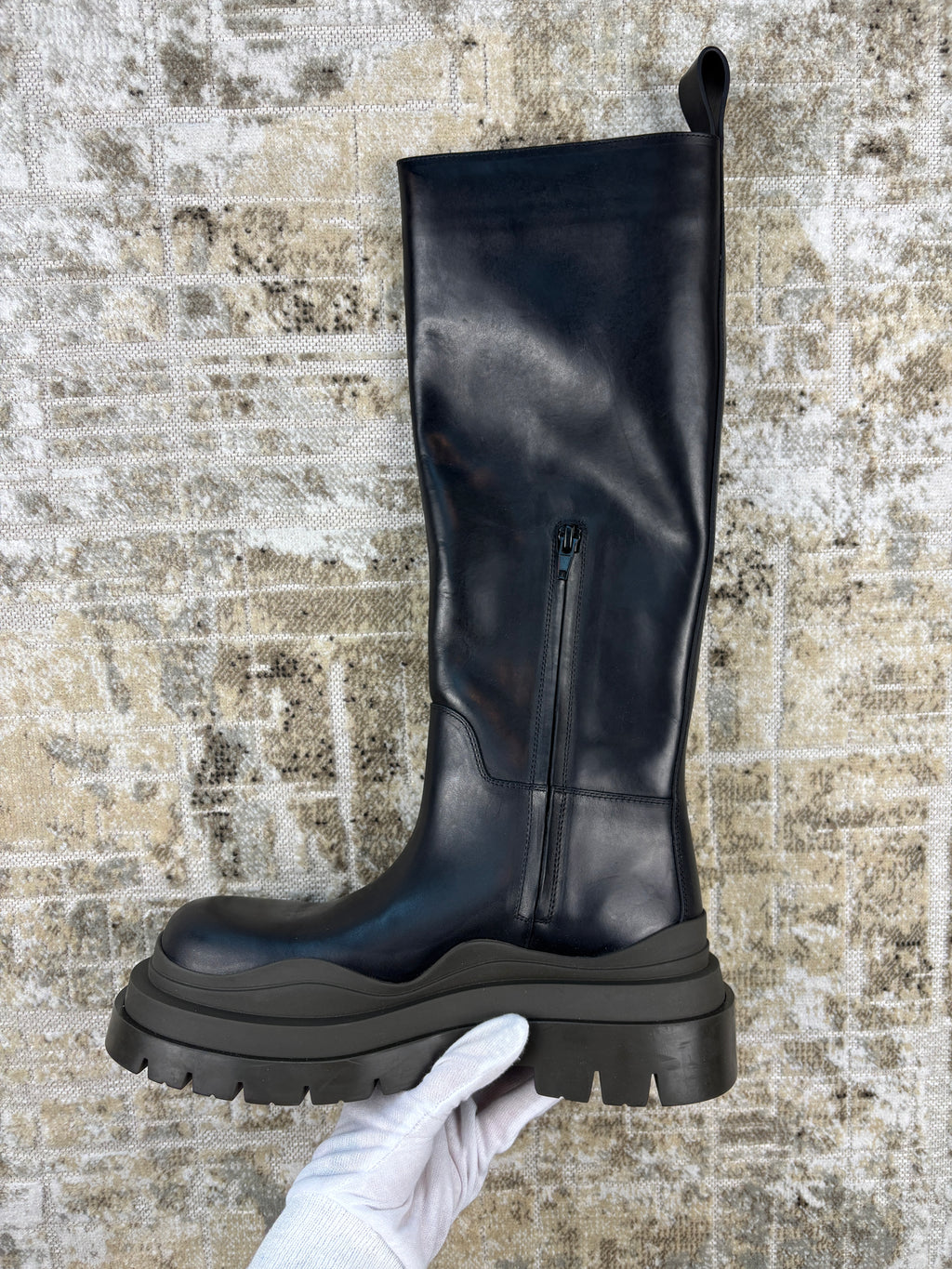 Bottega Veneta Tire Leather Knee High Black Boots